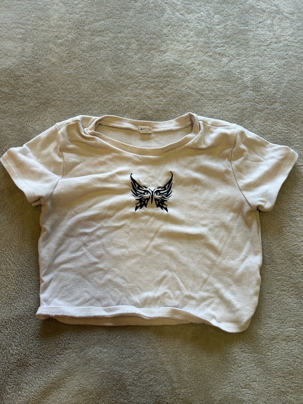 Garage White Cropped Tee with Black Butterfly Motif